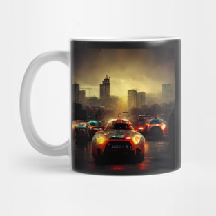 Lighting racing cars in a beautiful city Mug